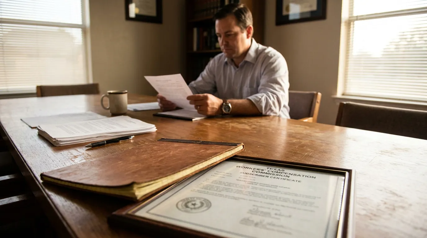 San Antonio Attorney Reviewing Texas Workers Compensation Non-Subscriber Claim attorney reviewing documents beside Texas Workers' Compensation Commission Subscriber Certificate