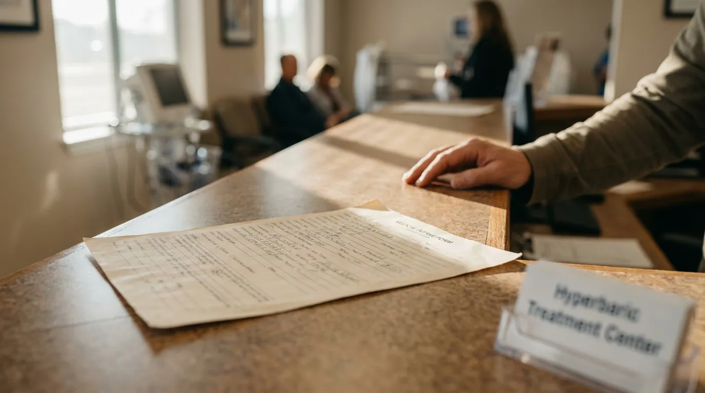 medical intake form on reception counter at Hyperbaric Treatment Center
