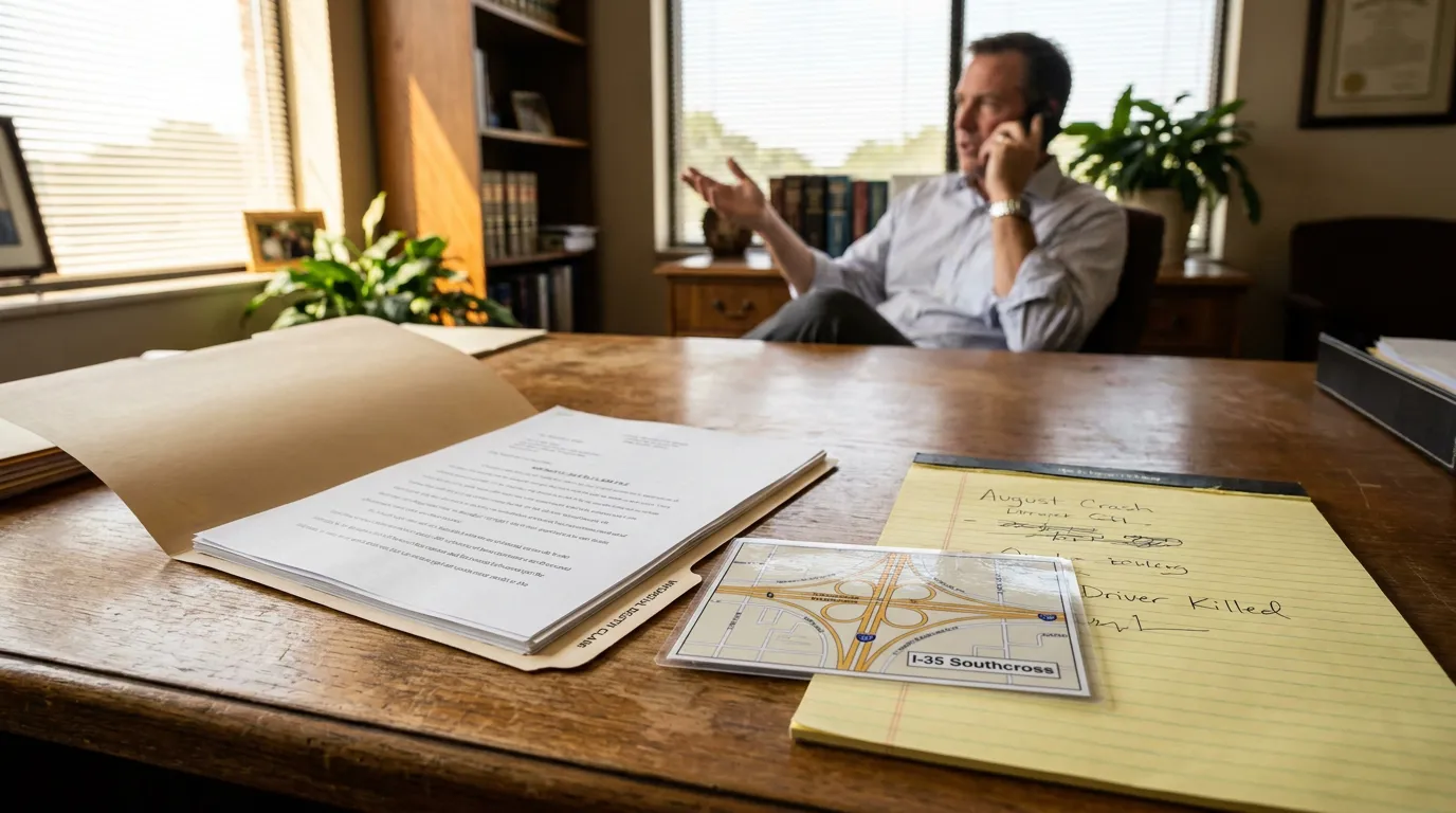 San Antonio Wrongful Death Lawyer Reviewing I-35 Southcross Crash Case attorney on phone with legal file, I-35 crash map, and notepad on desk