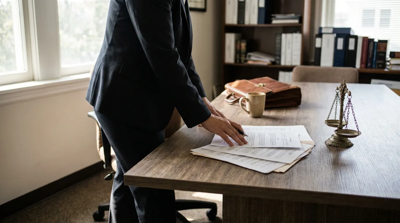 California Family Court Attorney Reviewing Custody Drug Test Evidence attorney in suit reviewing legal documents beside scales of justice on desk