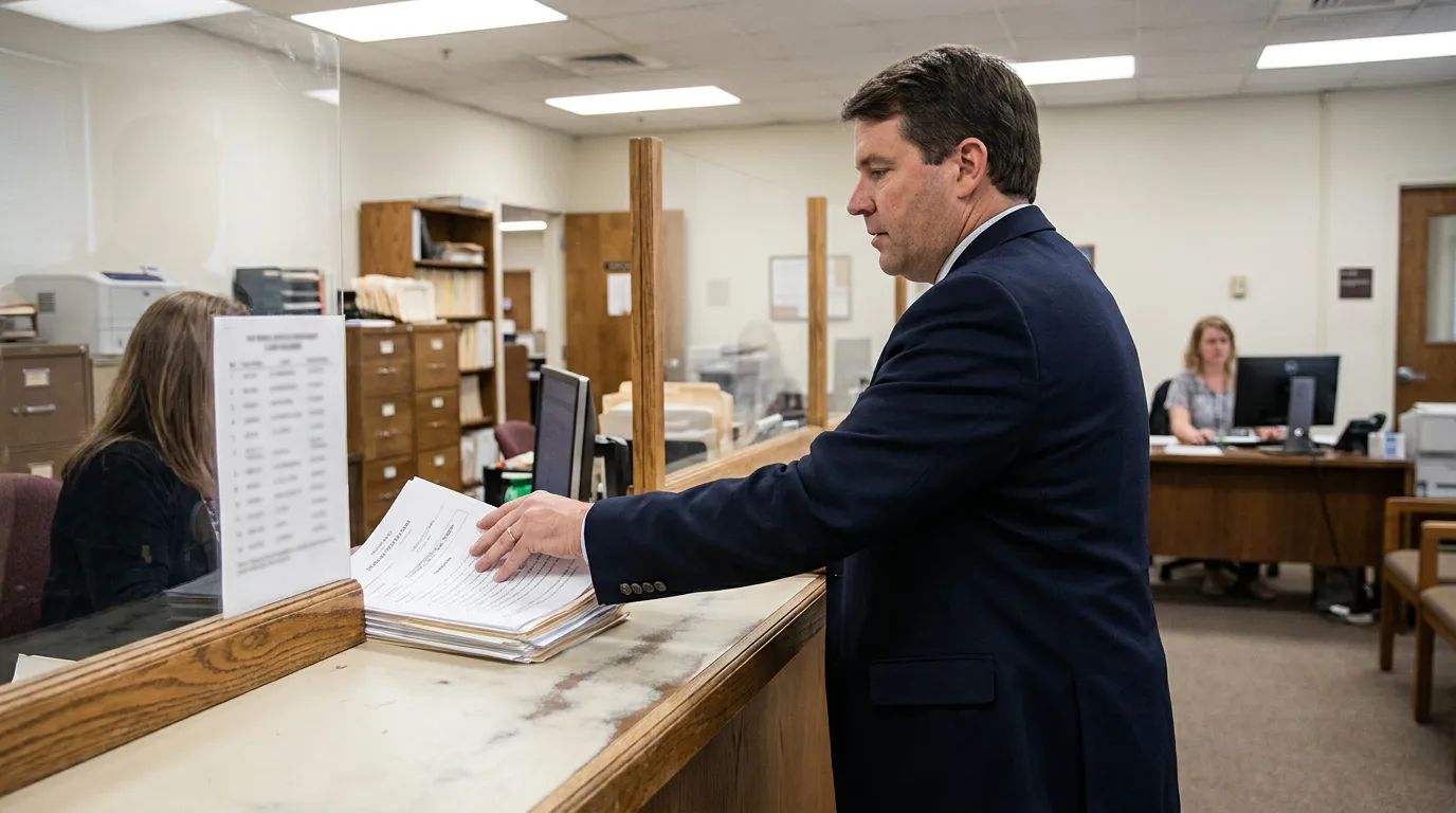 Attorney Filing Chapter 13 Bankruptcy Papers Rock Hill SC suited attorney filing stack of legal documents at courthouse clerk's counter