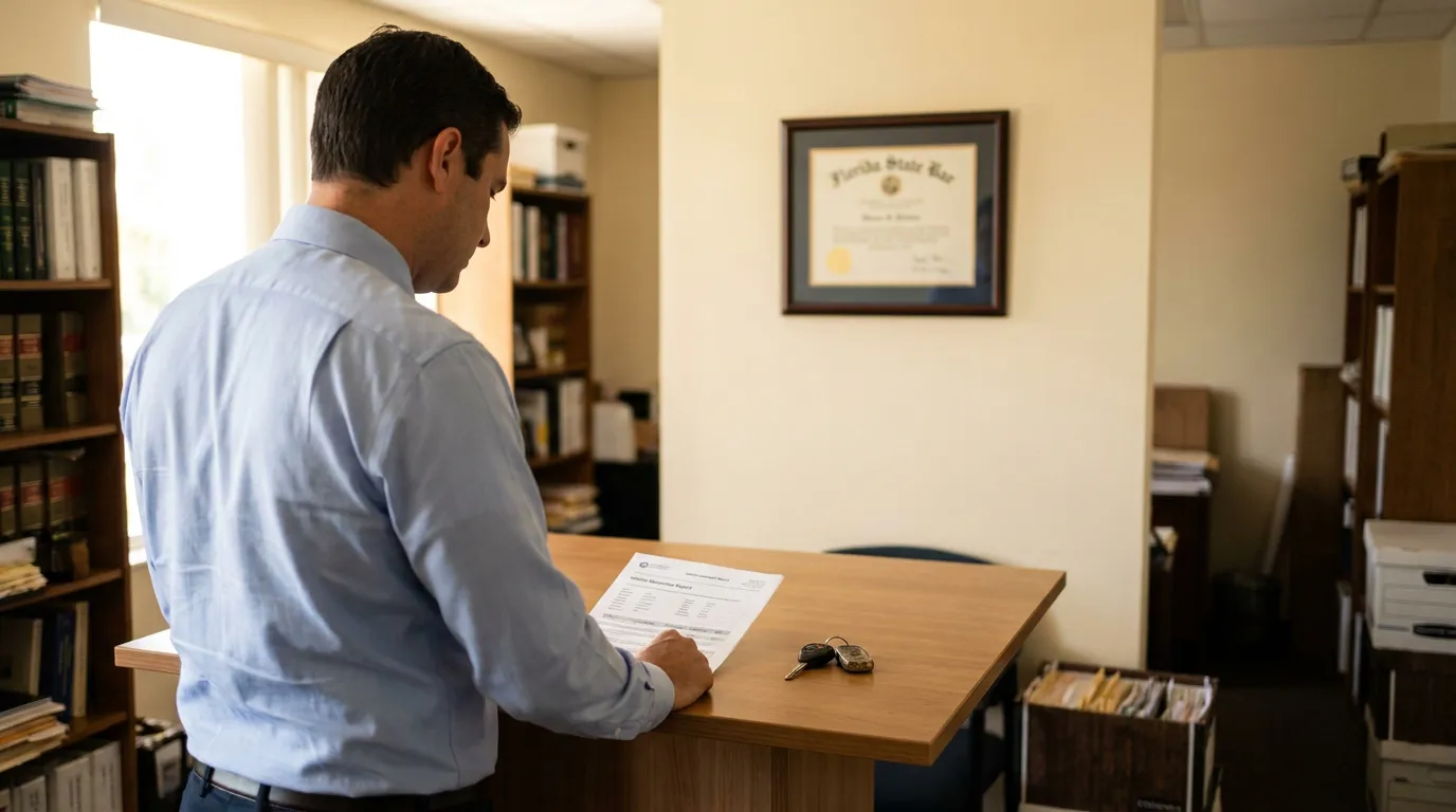 attorney reviewing document at desk with Florida State Bar certificate on wall