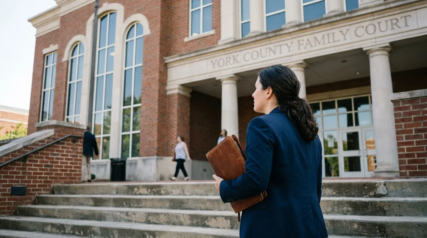 attorney holding leather portfolio standing outside York County Family Court building