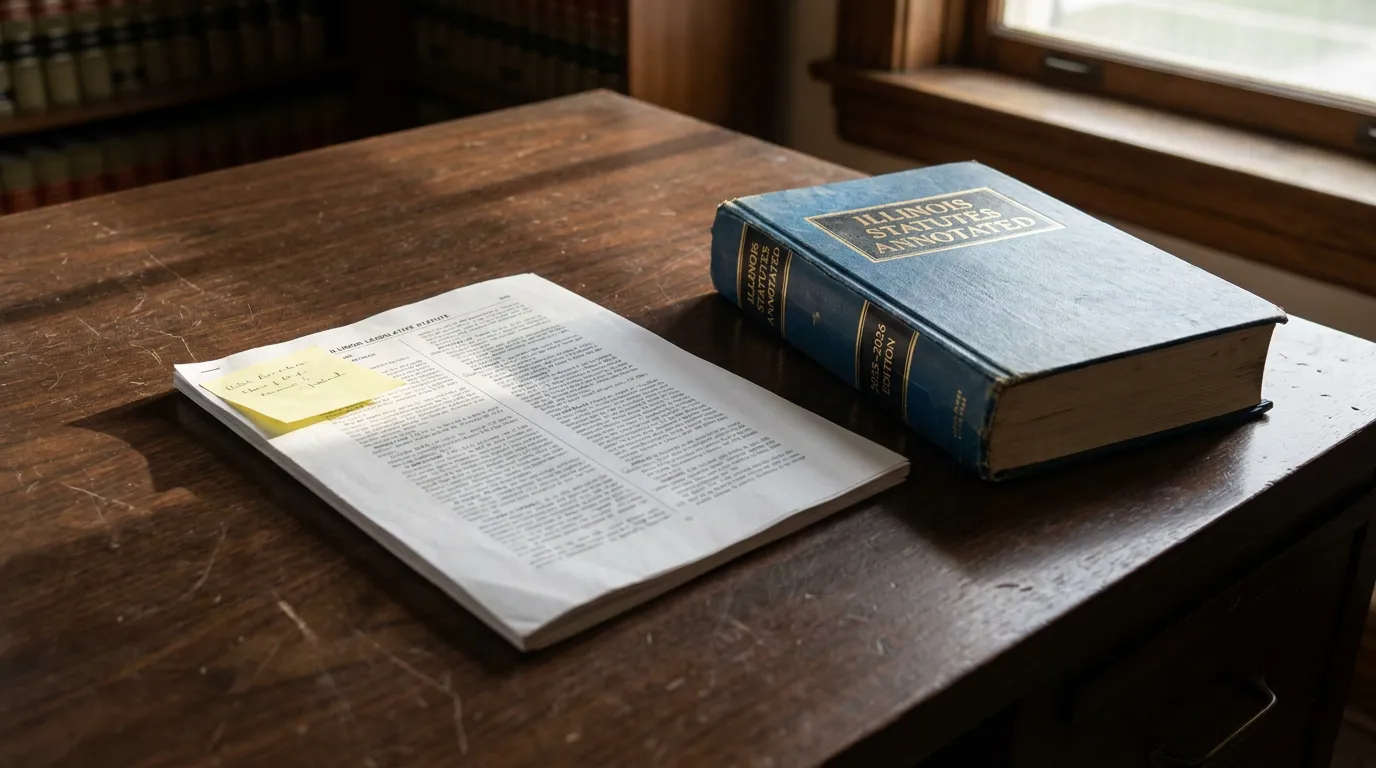 Illinois Statutes Annotated Book Dram Shop Damage Cap Chicago Illinois Statutes Annotated book beside open legal document with sticky note on wooden desk