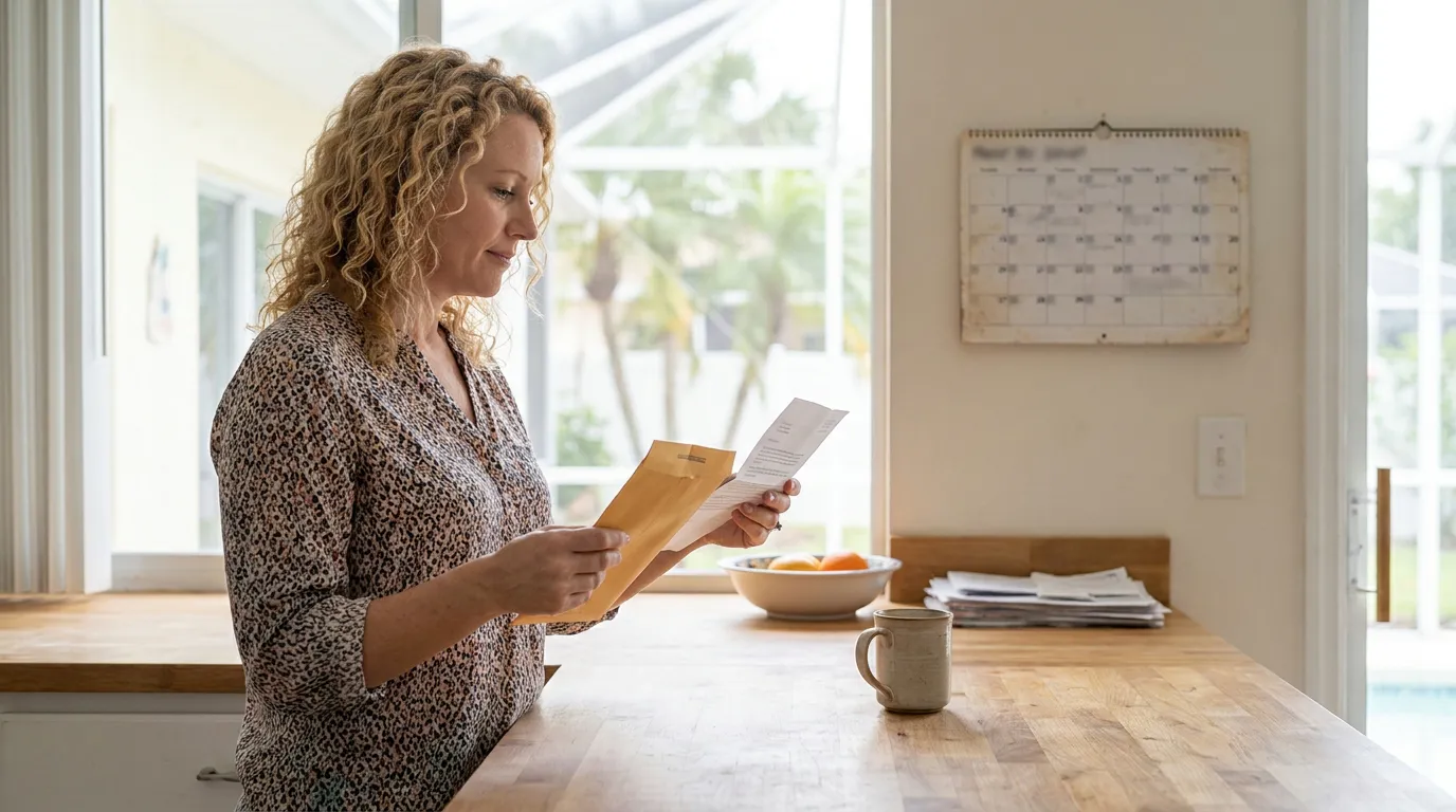 woman standing at kitchen counter reading letter removed from envelope