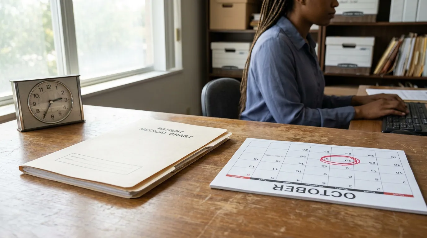 Patient medical chart and October calendar with circled date on office desk