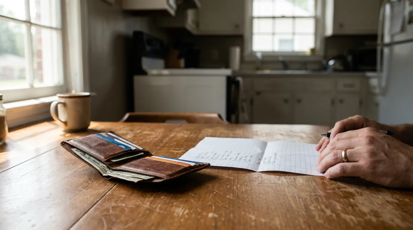 open wallet with cash and cards beside handwritten notes on kitchen table