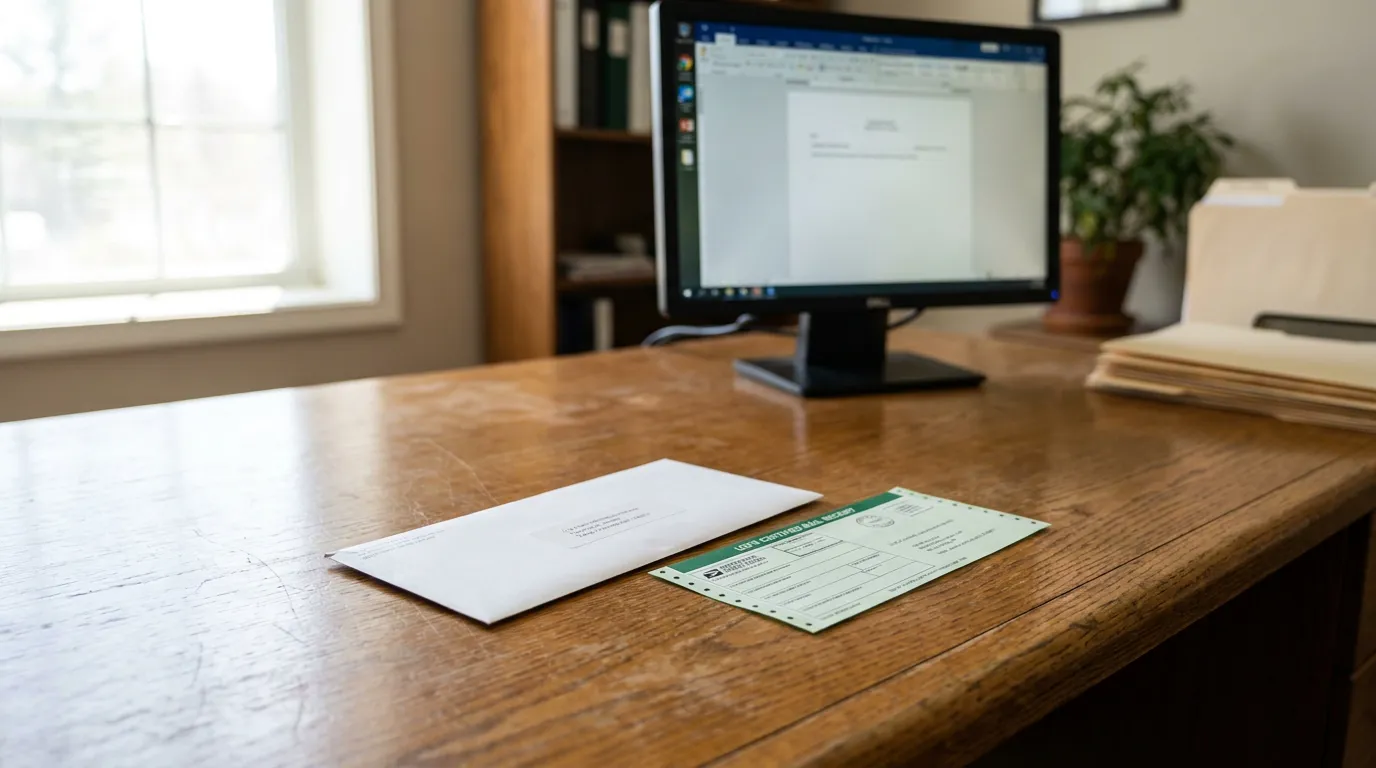 envelope and USPS certified mail receipt on wooden office desk with computer monitor