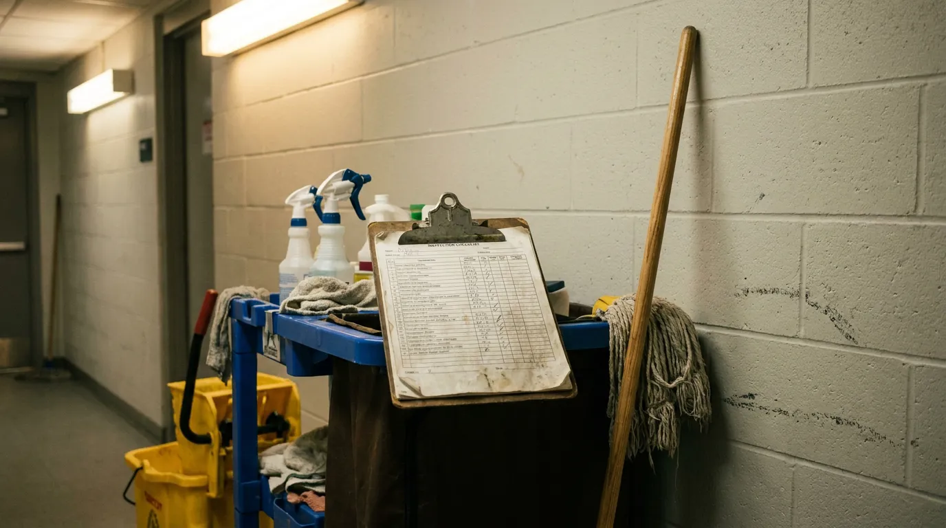 Janitorial Inspection Checklist Cart Florida Premises Liability janitorial cart with inspection checklist clipboard, spray bottles, and mop in hallway