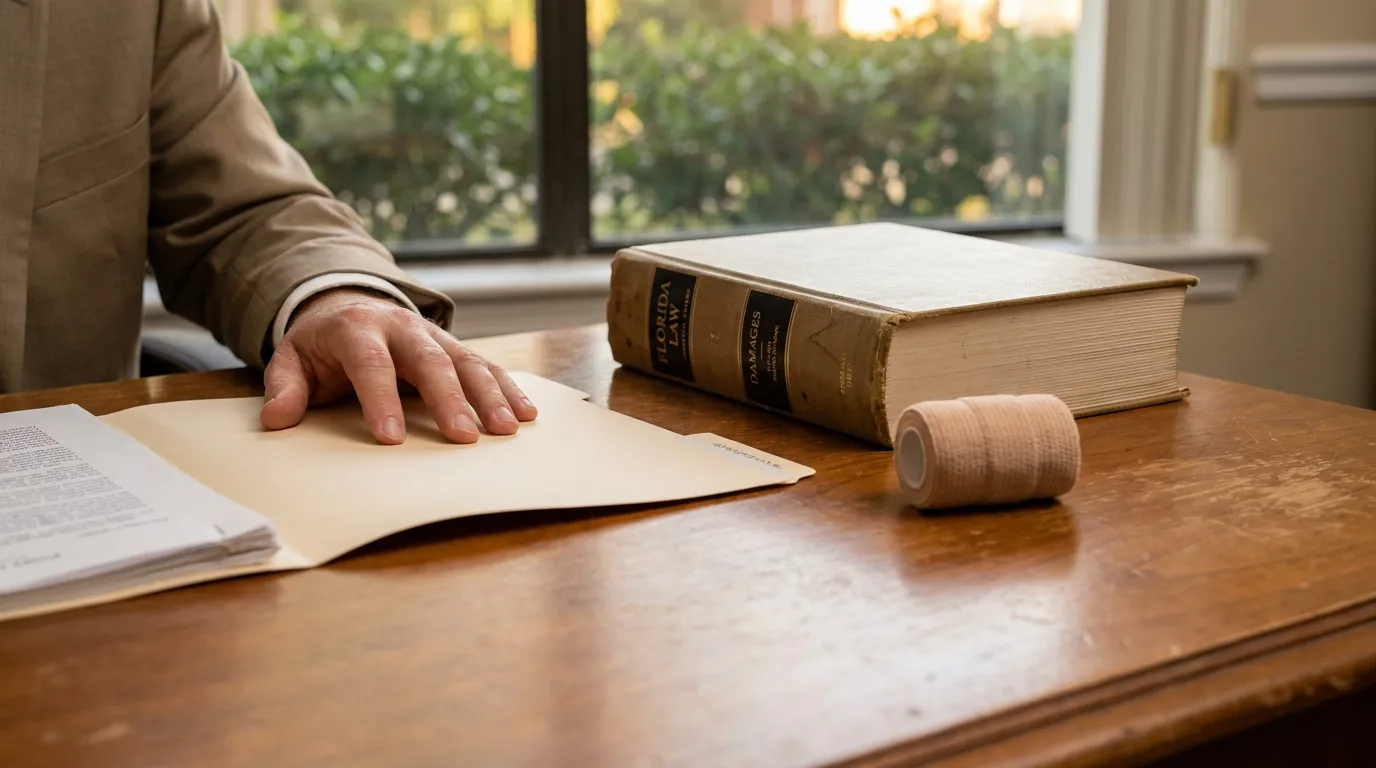 Pensacola Dog Bite Lawyer Reviewing Florida Damages Claim attorney hand resting on legal folder beside Florida Law Damages book and medical bandage roll