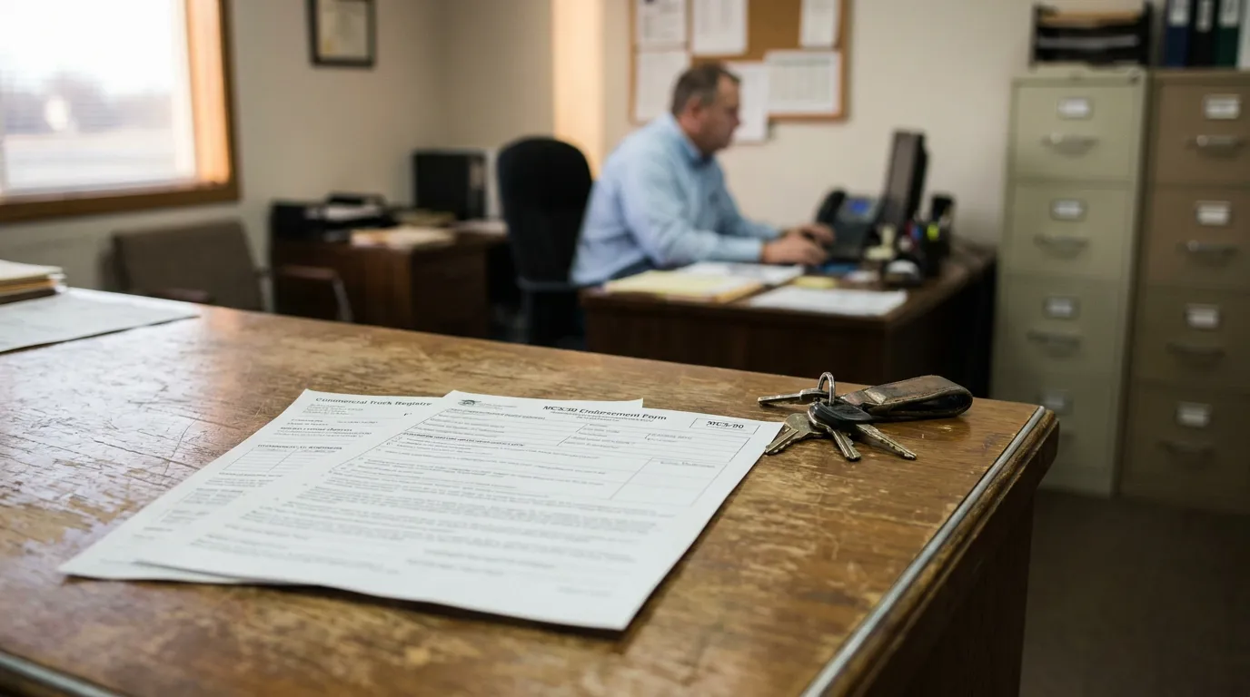 MCS-90 Endorsement Form Midland Oilfield Truck Insurance Desk MCS-90 Endorsement Form and keys on desk with man working in office background