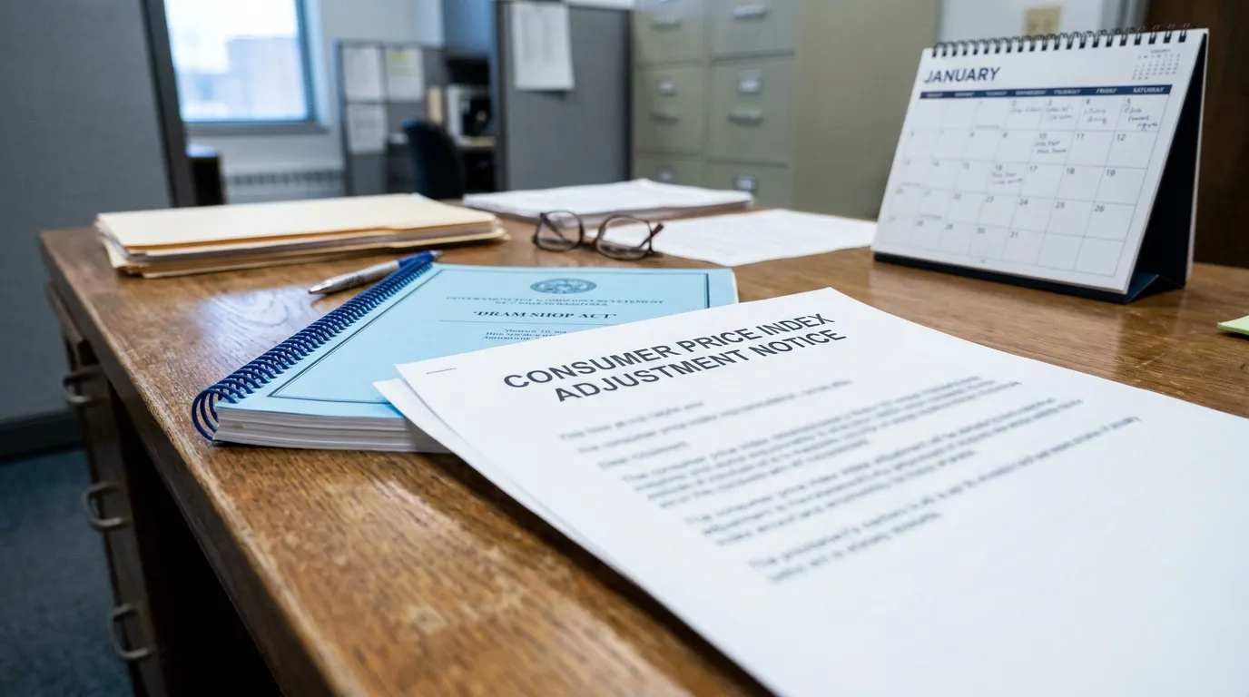 Illinois Dram Shop Act CPI-U Adjustment Notice January Consumer Price Index Adjustment Notice and Dram Shop Act document on office desk with January calendar