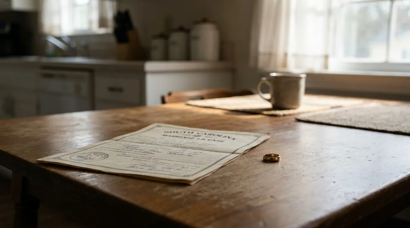 South Carolina marriage license document and wedding ring resting on wooden table