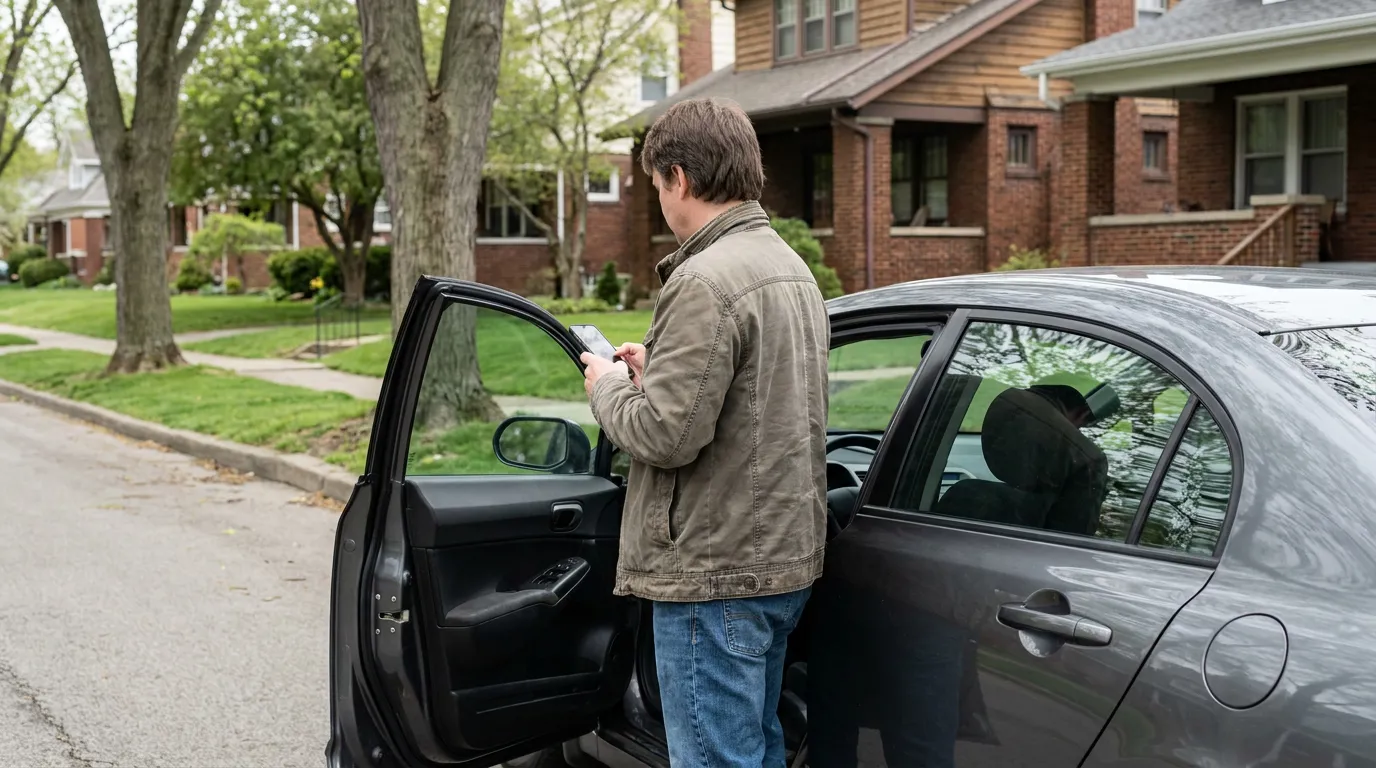 man standing beside open car door using smartphone on residential street