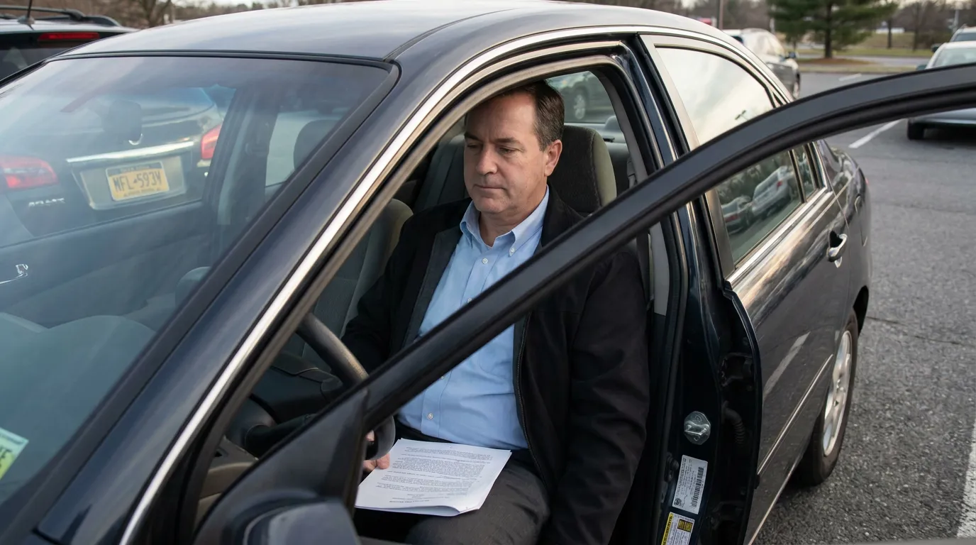Cincinnati Man Exiting Car With OVI Legal Documents man exiting sedan holding printed legal documents in parking lot