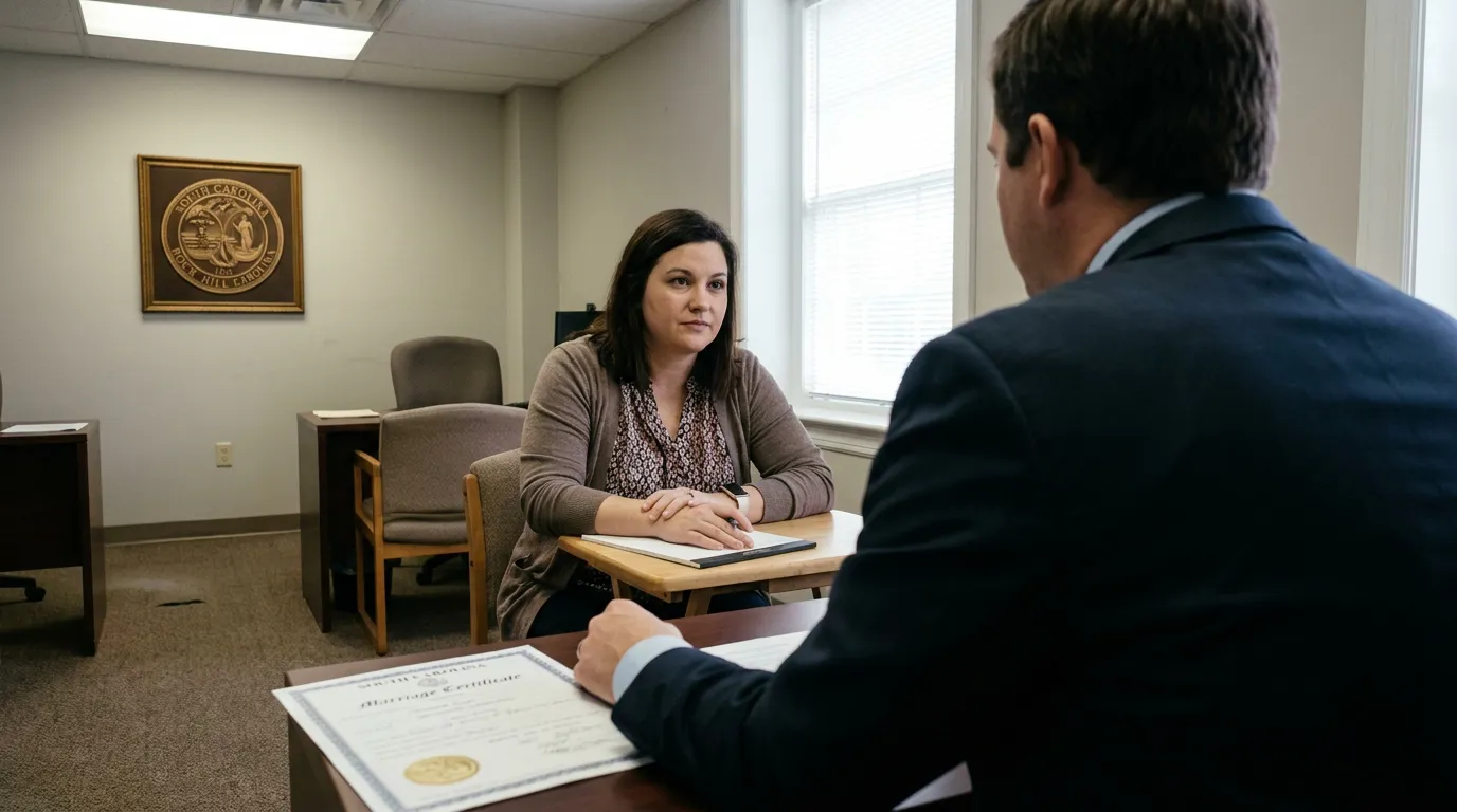 Annulment Attorney Consulting Client Over Marriage Certificate Rock Hill SC attorney holding South Carolina Marriage Certificate during client consultation in office