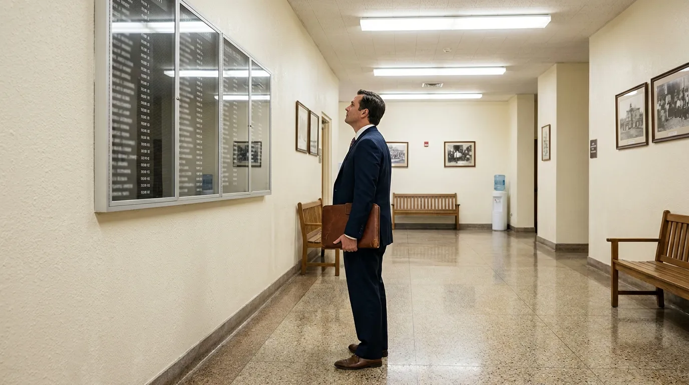 suited attorney holding leather portfolio reviewing case listings board in courthouse hallway