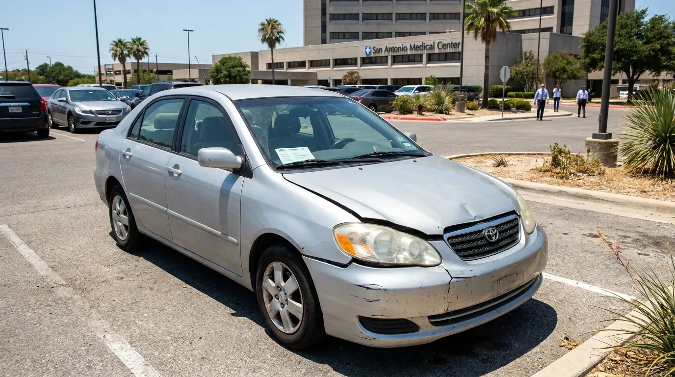 Crash Damaged Car Outside San Antonio Medical Center damaged Toyota sedan with crumpled hood parked outside San Antonio Medical Center