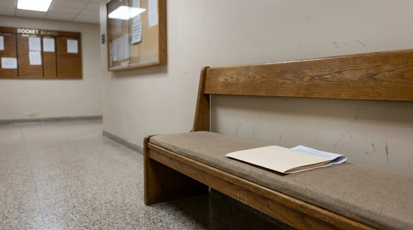 Cincinnati Courthouse Hallway ILC Speedy Trial Waiver Ohio courthouse hallway bench with legal documents beside docket board