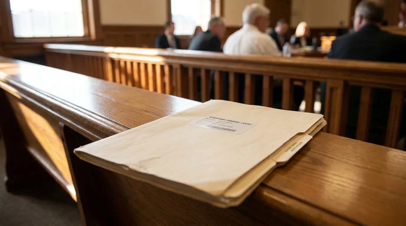 Madison Wisconsin Criminal Court File Reckless Homicide Case Wisconsin Criminal Court case file folder resting on wooden courtroom bench