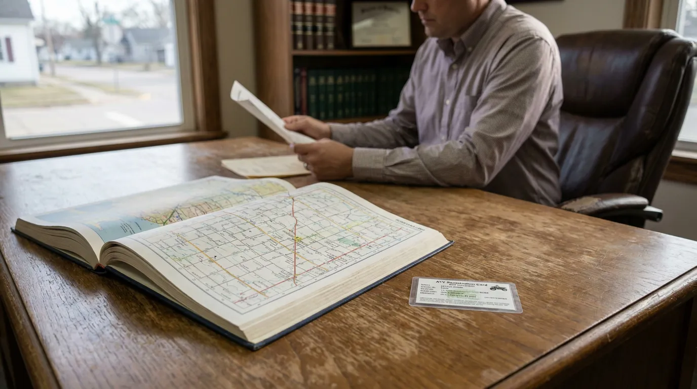 Nebraska Attorney Reviewing ATV Registration and Polk County Map attorney reviewing documents at desk with open road map and ATV registration card