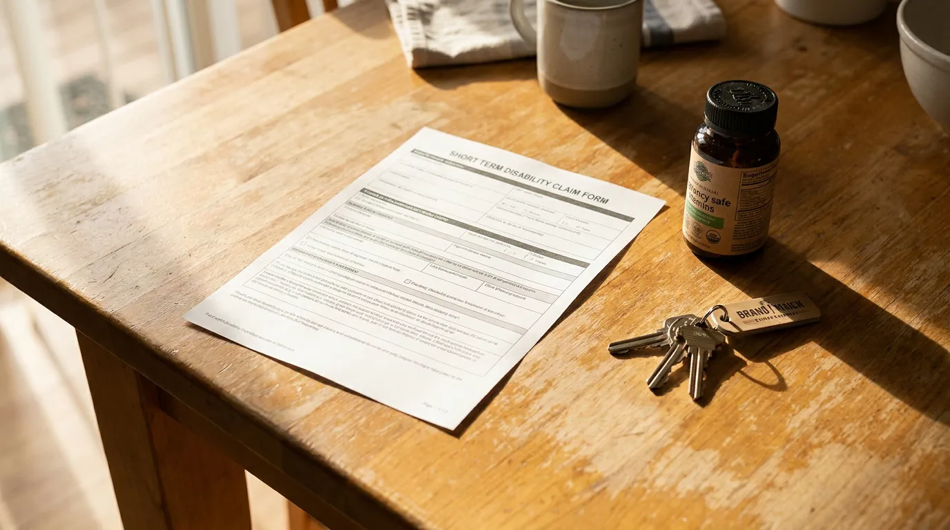 Redondo Beach Pregnancy Disability Leave Claim Form Short Term Disability Claim Form on wooden table beside keys and supplement bottle