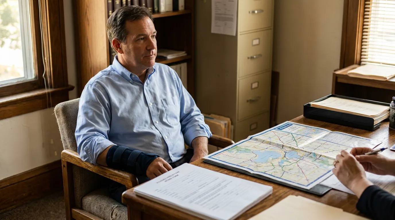 Madison Beltline Crash Injury Victim Consulting Car Accident Attorney man with wrist brace seated at office desk with map and legal documents