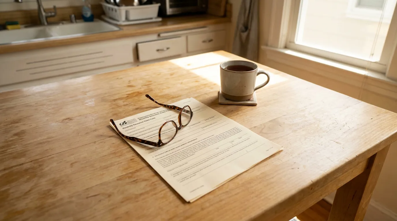 California Pregnancy Disability Leave Form on Kitchen Table disability insurance claim form with reading glasses on kitchen table