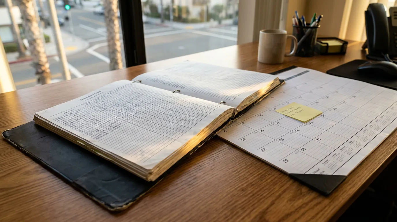 Employee Hours Log and Calendar CFRA Eligibility Redondo Beach open binder with lined records and desk calendar with sticky note on office desk