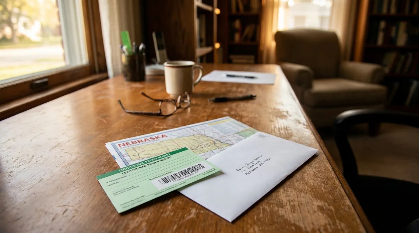 Nebraska UIM Certified Mail Notice Return Receipt certified mail return receipt and addressed envelope on wooden desk in Nebraska