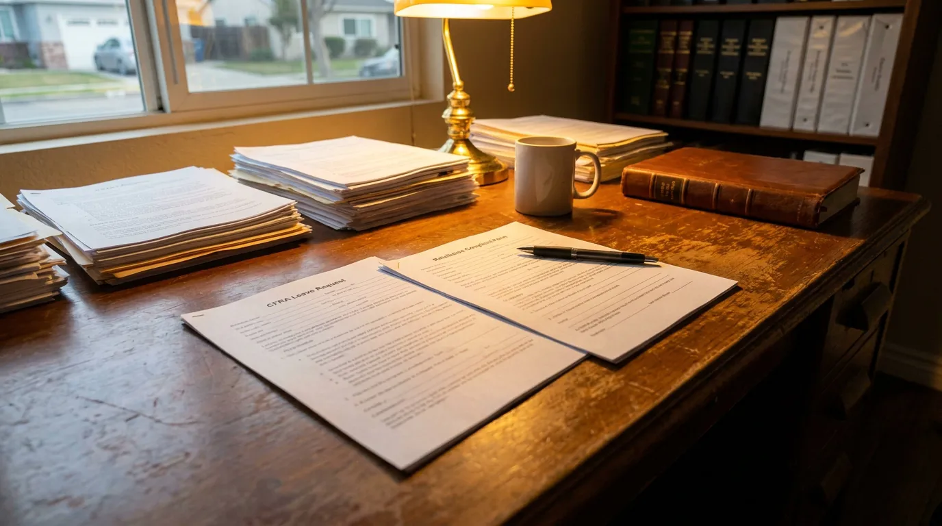 CFRA Leave Request and Retaliation Complaint Forms Redondo Beach CFRA Leave Request and Retaliation Complaint Form documents on attorney desk with legal books