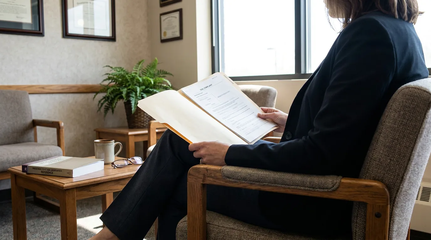 Madison WI Lawyer Reviewing Therapist Sexual Exploitation Civil Complaint attorney seated in office chair reviewing civil complaint document from manila folder