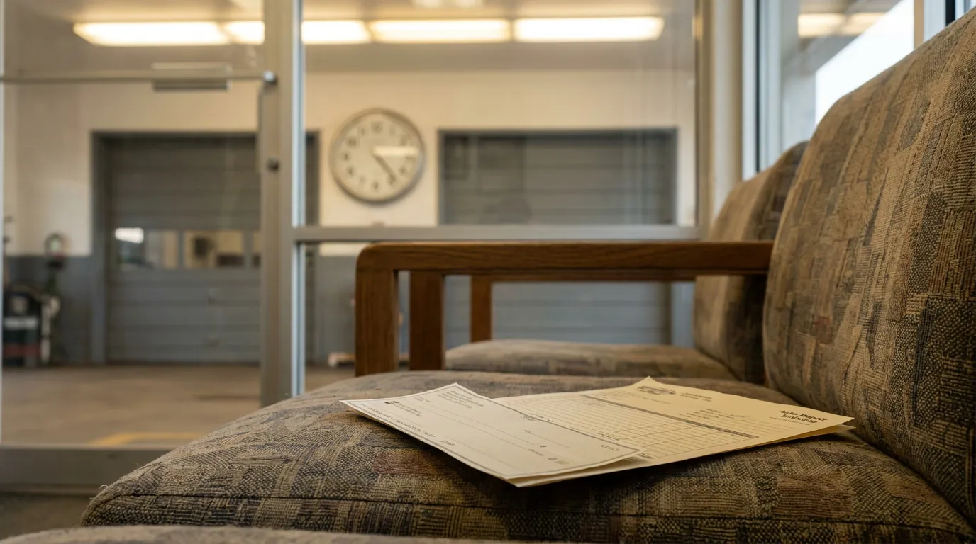 Nebraska Auto Repair Invoice Waiting Room Insurance Claim auto repair invoice forms resting on waiting room chair near wall clock