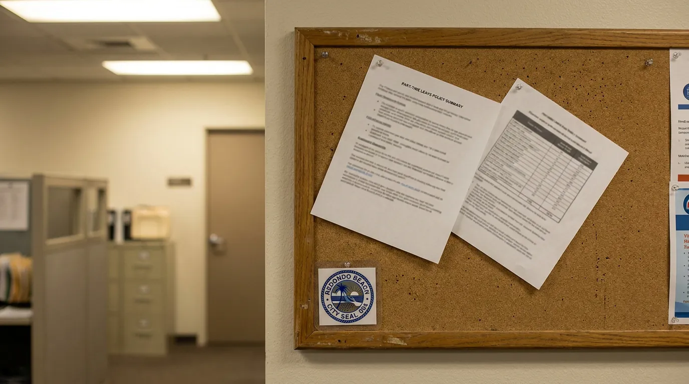 Redondo Beach Office Bulletin Board Part-Time Leave Policy office corkboard displaying Part-Time Leave Policy Summary documents and Redondo Beach City Seal