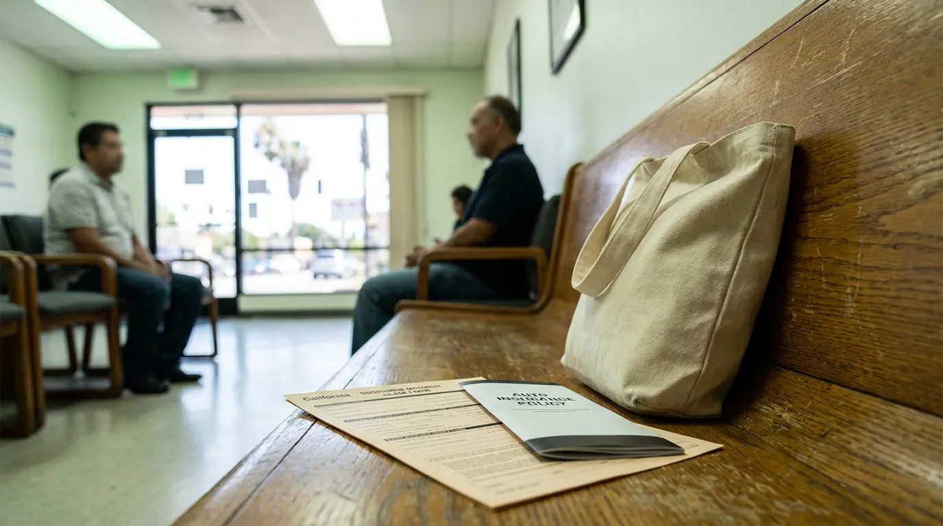 Uninsured Passenger Auto Insurance Claim Waiting Room Fresno Auto insurance policy document and California form on waiting room bench