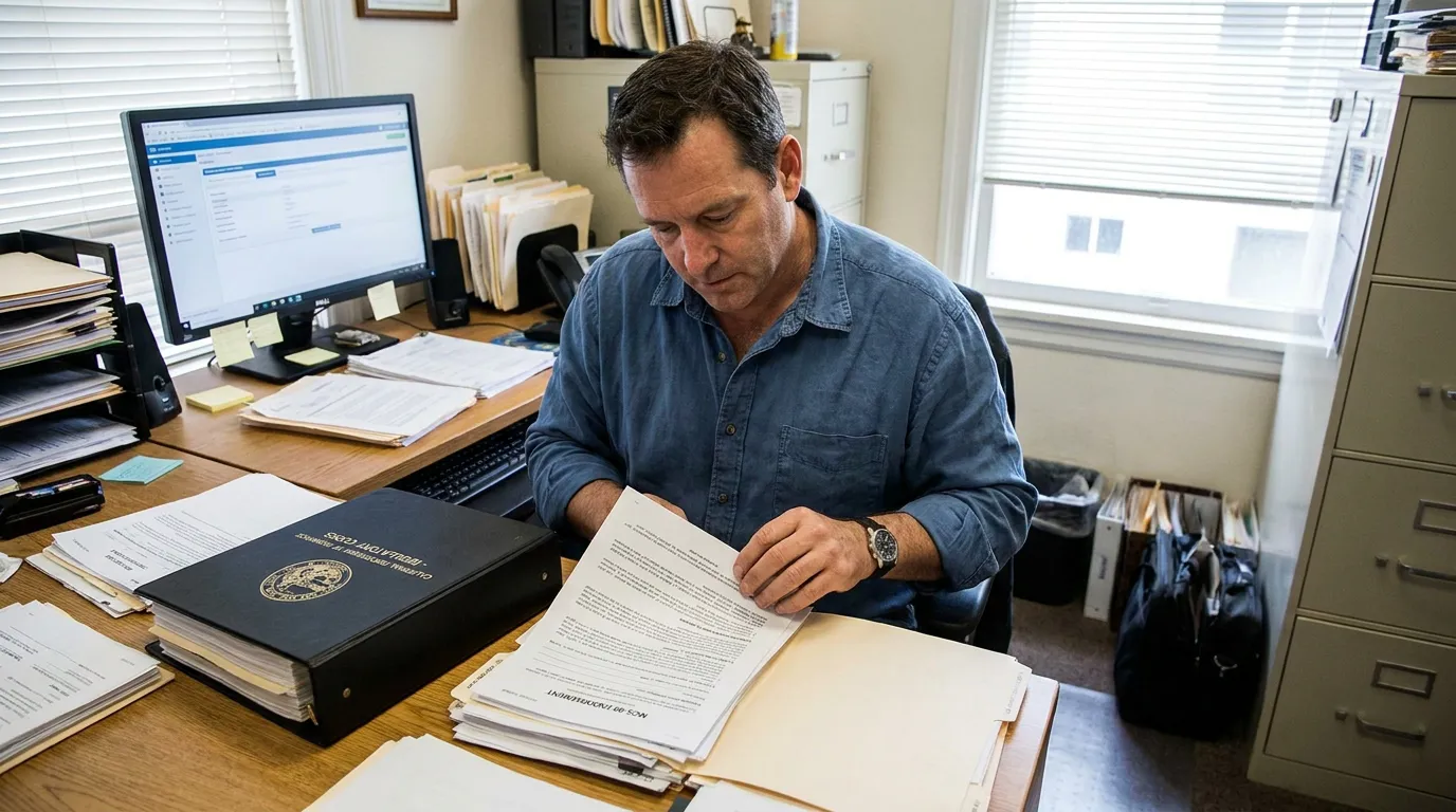 California Attorney Reviewing MCS-90 Endorsement Documents attorney reviewing legal case documents and binder at office desk with computer