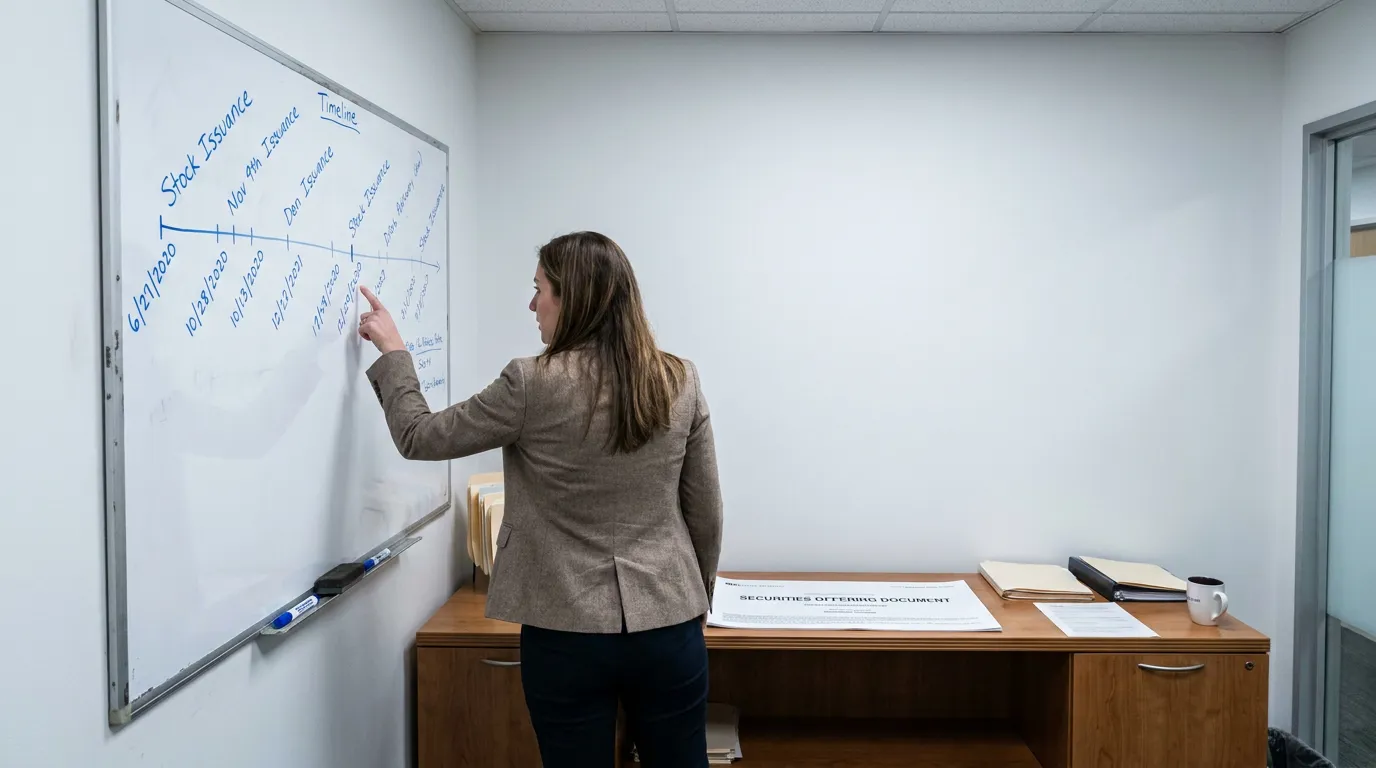 attorney pointing to stock issuance timeline on whiteboard beside Securities Offering Document