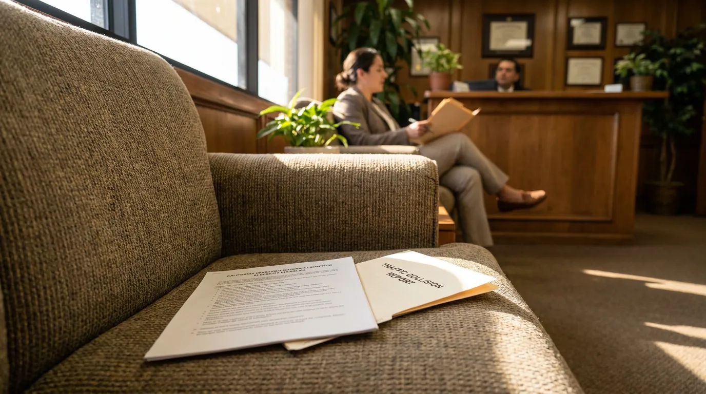 Fresno Attorney Office Prop 213 Exception Eligibility Consultation Traffic Collision Report and legal documents on law office waiting room sofa