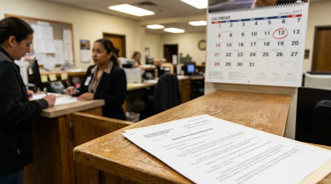 Objection to Relocation Notice document on courthouse counter with January 2017 calendar