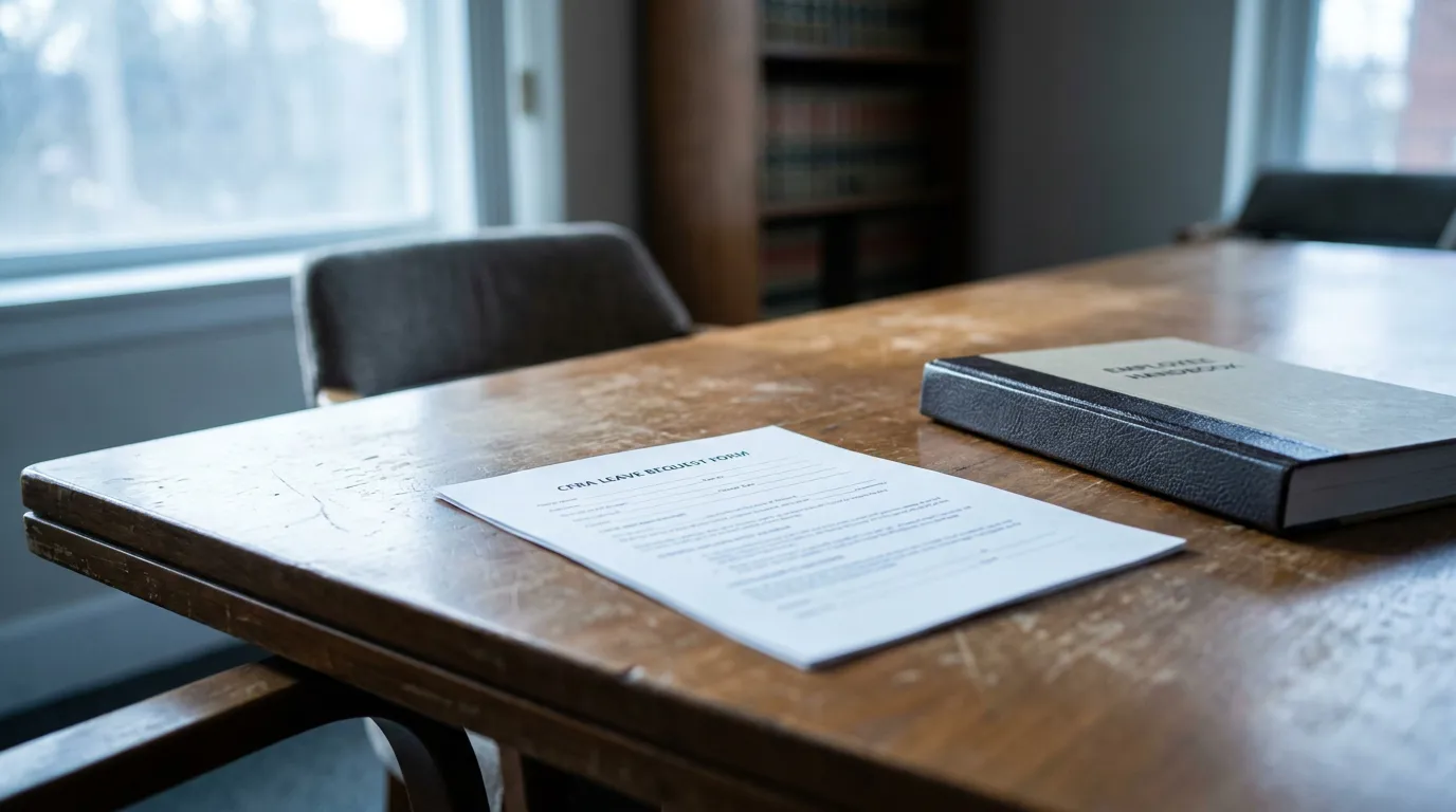 CFRA Leave Request Form and Employee Handbook Redondo Beach CFRA Leave Request Form and Employee Handbook on wooden desk near law bookshelf