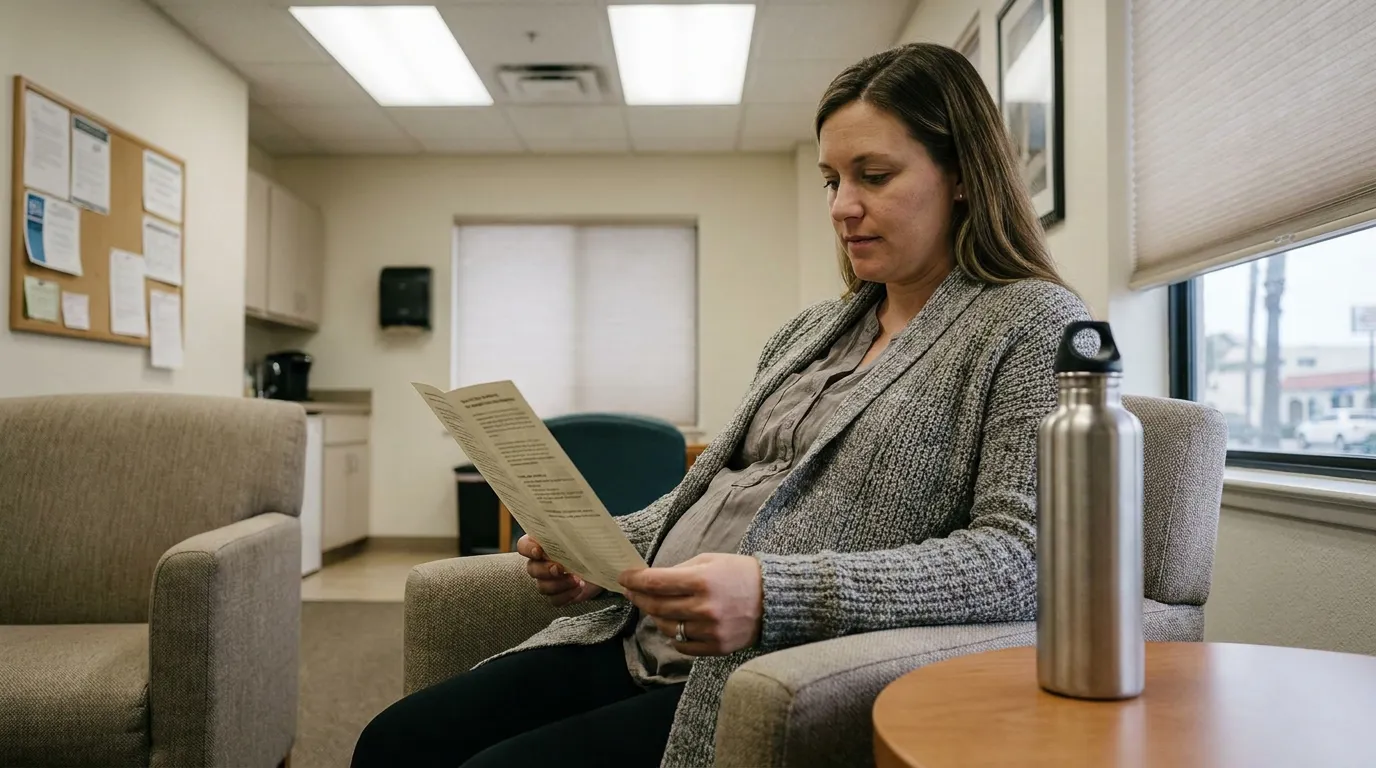 Pregnant Employee Reading CFRA Leave Documents Redondo Beach pregnant woman seated in waiting room reading printed informational document