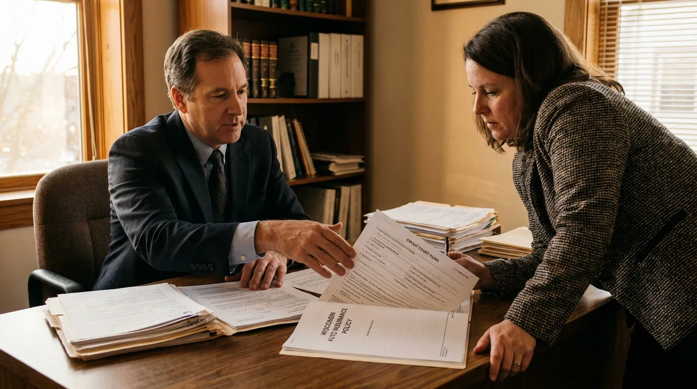 Madison Attorney Reviewing Wisconsin Auto Insurance Policy With Client attorney and client reviewing Wisconsin auto insurance policy documents at office desk