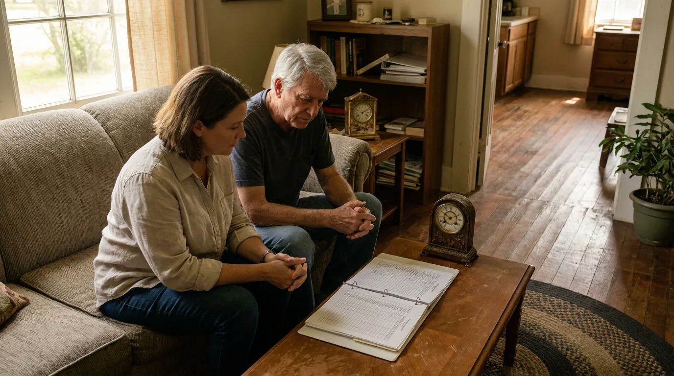 two adults seated on sofa reviewing open binder documents on coffee table