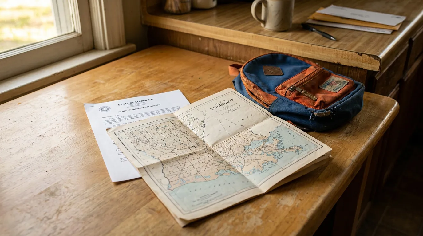 State of Louisiana Notice of Proposed Relocation document beside folded Louisiana map on wooden desk