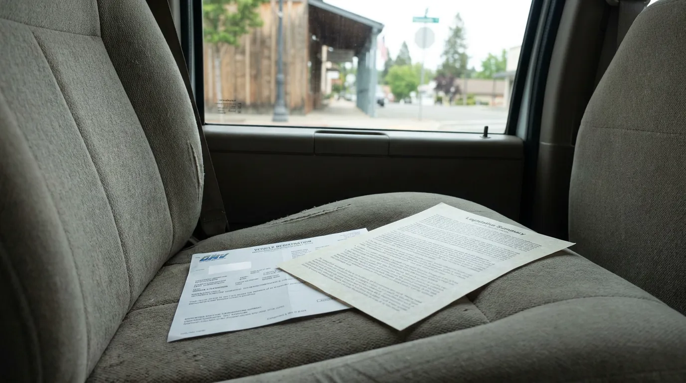 AB 1777 Legislative Summary and DMV Registration on Placerville Car Seat DMV vehicle registration and legislative summary documents resting on car seat
