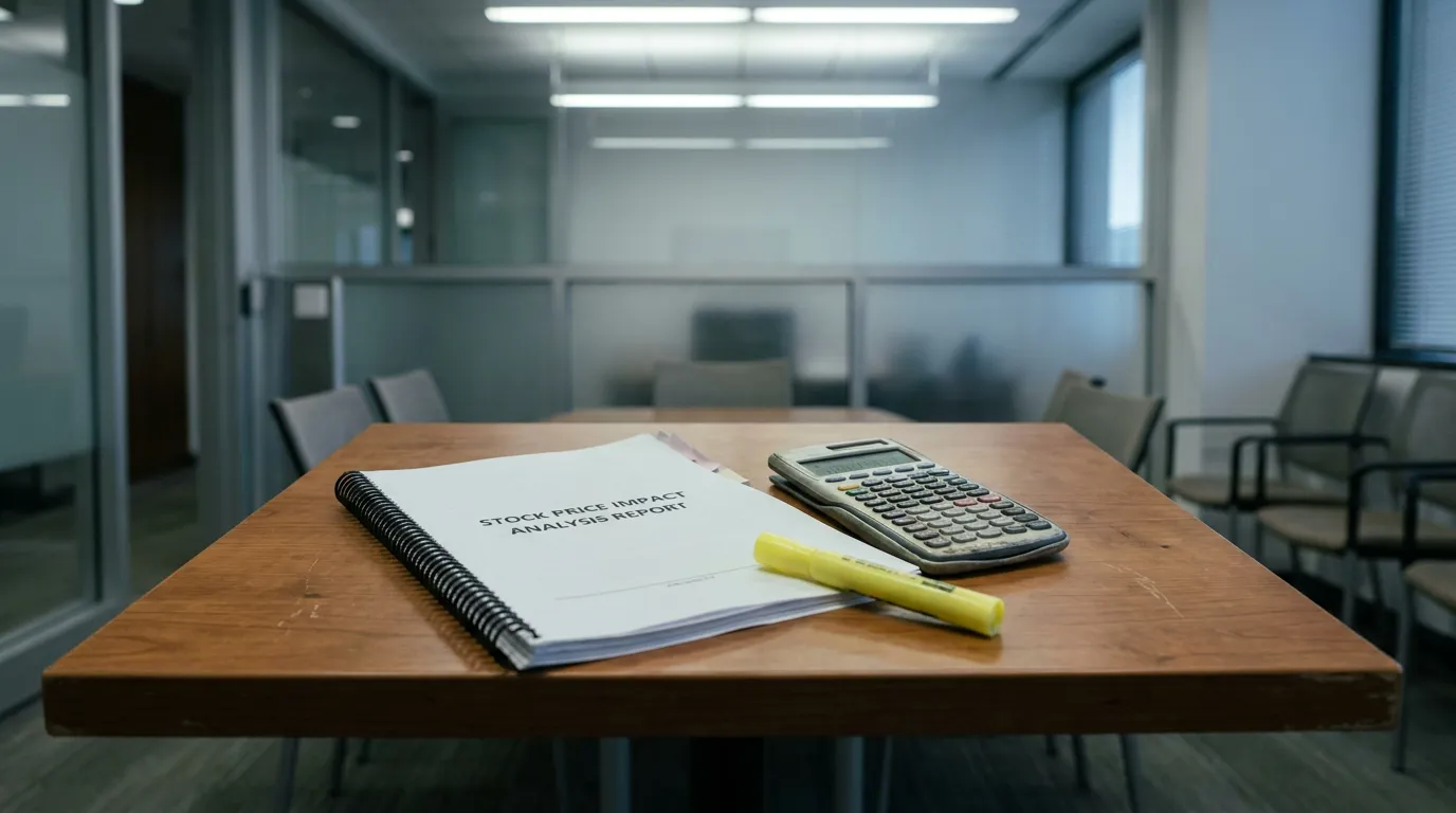 Stock Price Impact Analysis Report binder with calculator and highlighter on conference table