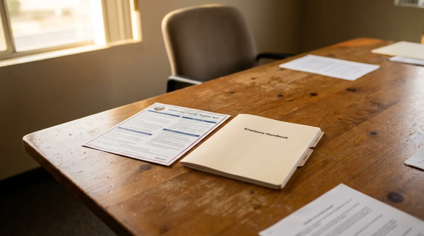 California Family Rights Act Document and Employee Handbook Redondo Beach California Family Rights Act document and Employee Handbook on wooden conference table