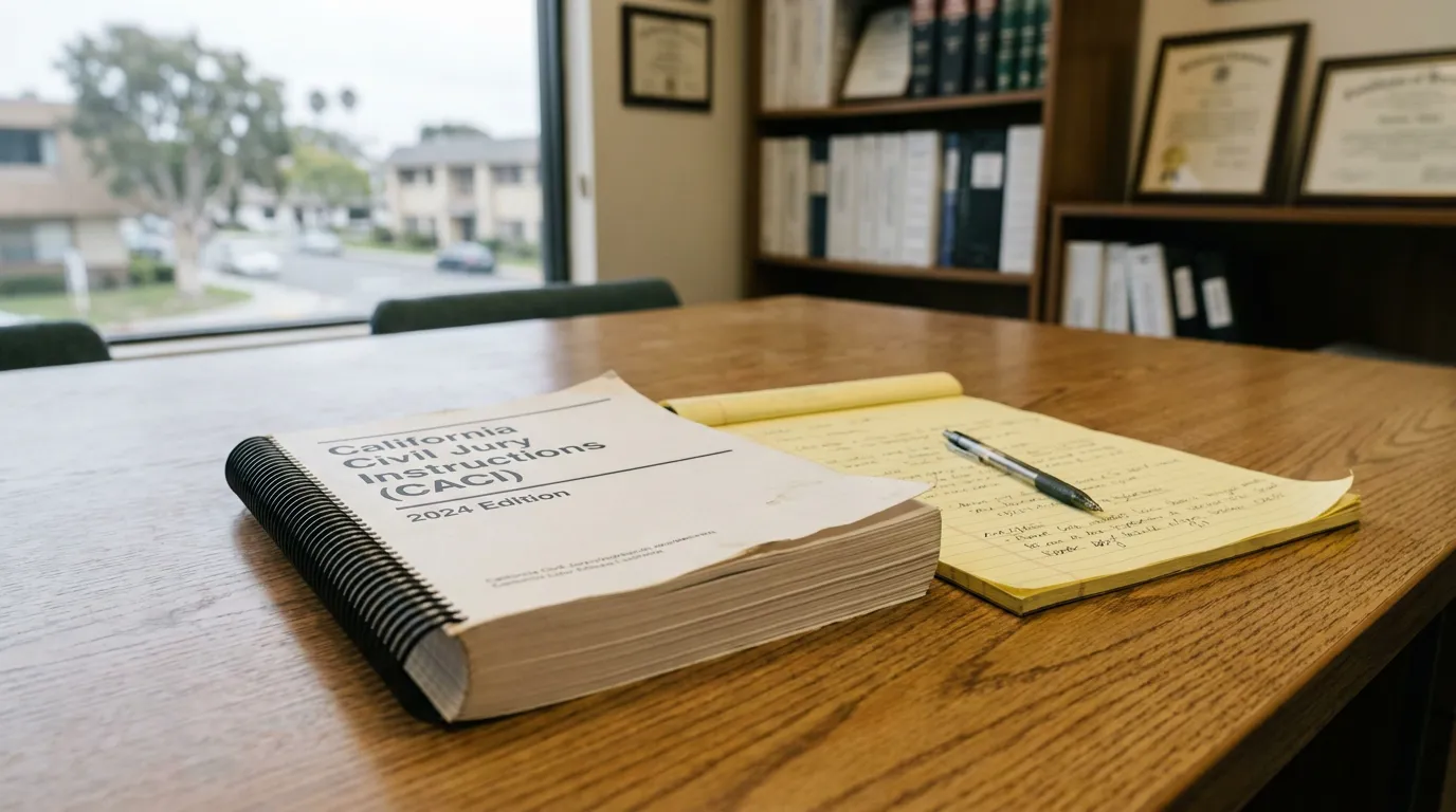 CACI 2620 Jury Instructions Redondo Beach CFRA Retaliation Case California Civil Jury Instructions CACI 2024 Edition open on law office desk with notepad