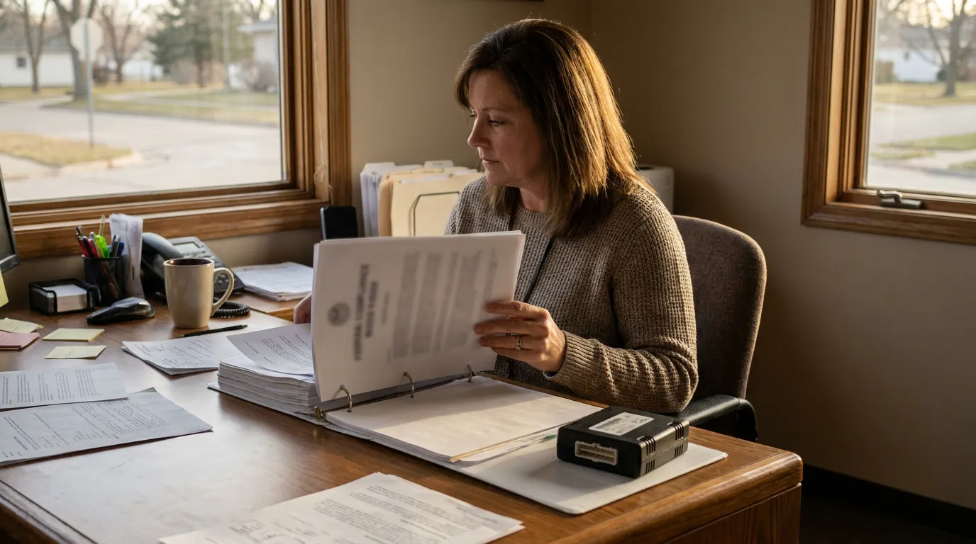 Nebraska Attorney Reviewing EDR Black Box Crash Claim Documents woman seated at desk reviewing documents from open binder in office