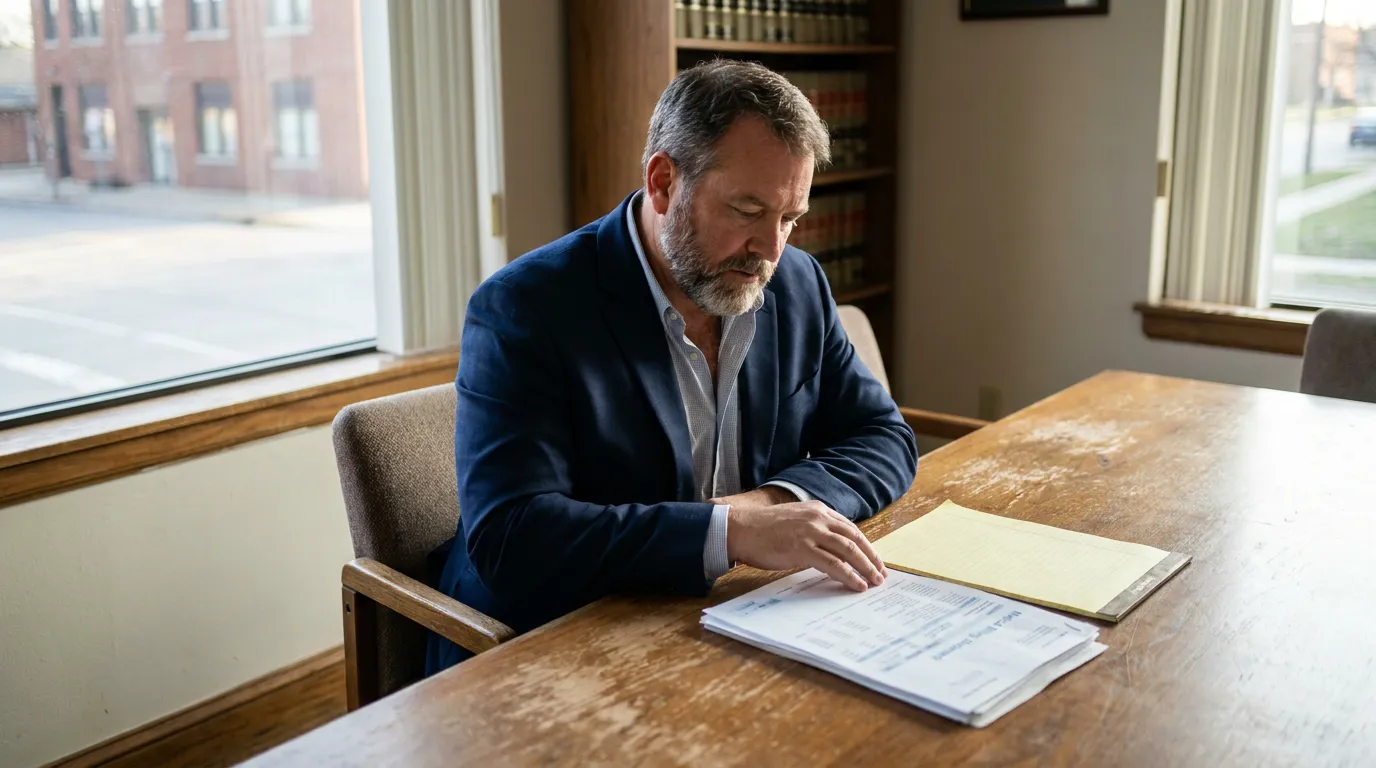 Nebraska Attorney Reviewing Car Accident Injury Claim Documents attorney reviewing printed legal documents at wooden desk beside law bookshelf